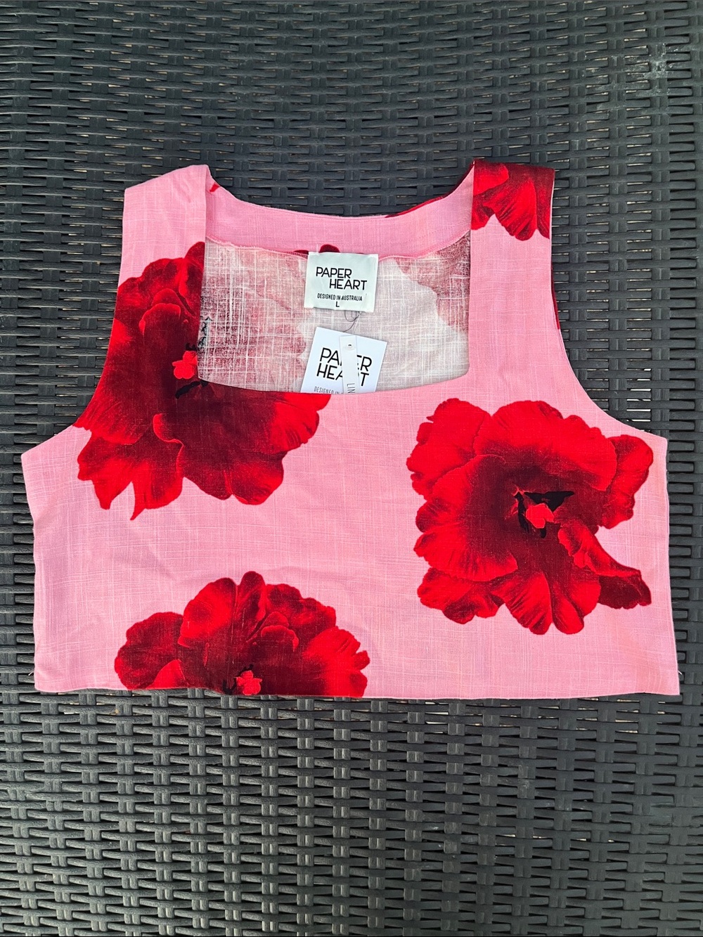 Paper Heart Pink Floral Crop Camisole with Red Blooms